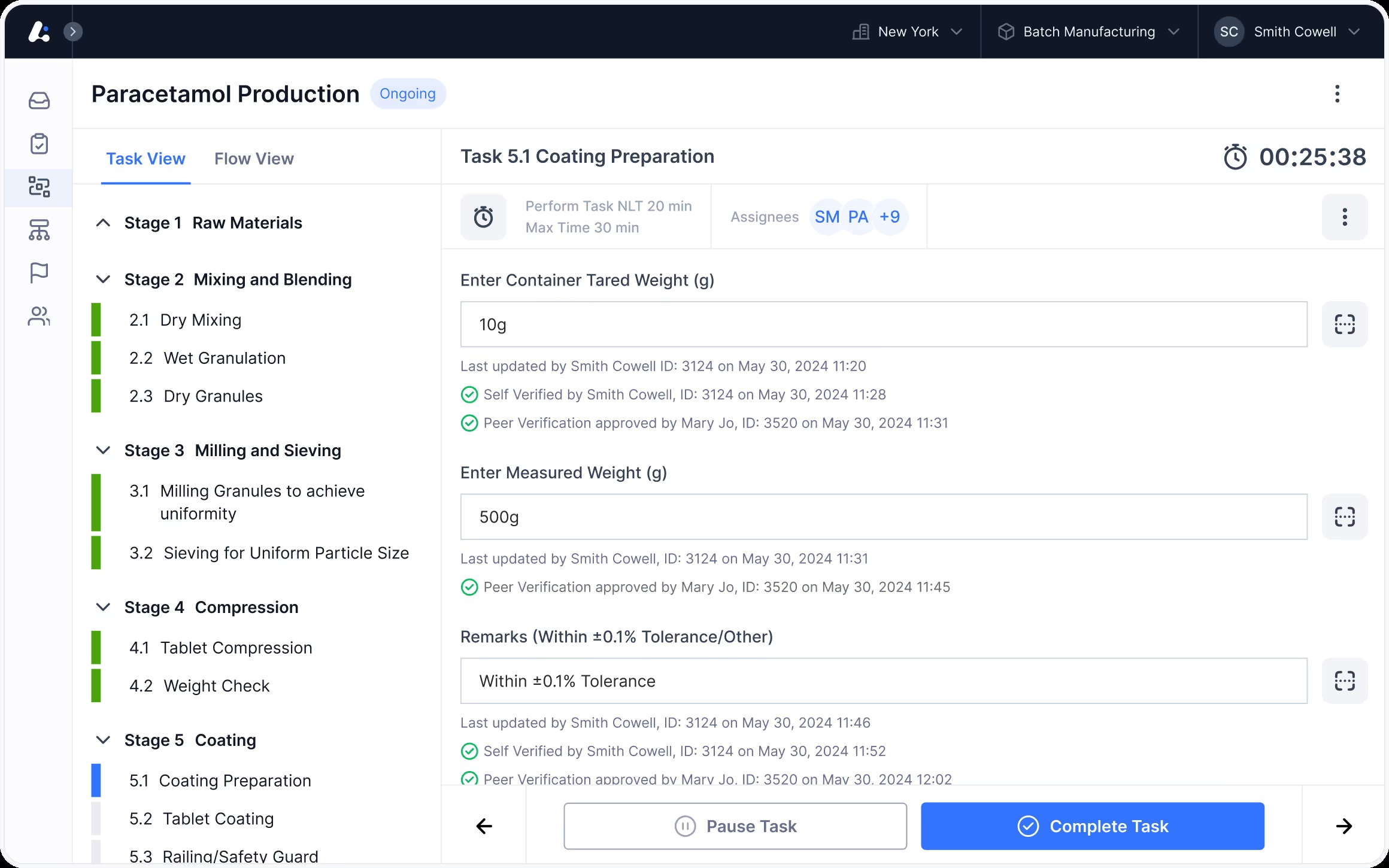 Leucine batch execution interface showing manufacturing tasks and batch records