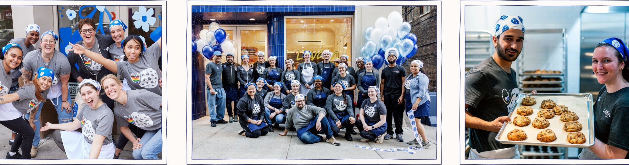 A collage of Levain bakery team members outside their shops and holding a tray of cookies