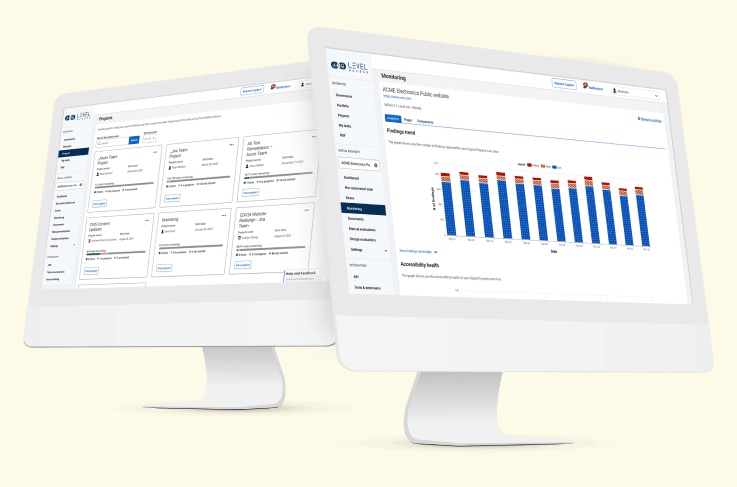 Level Access product illustration showing project cards and an accessibility monitoring dashboard on two screens