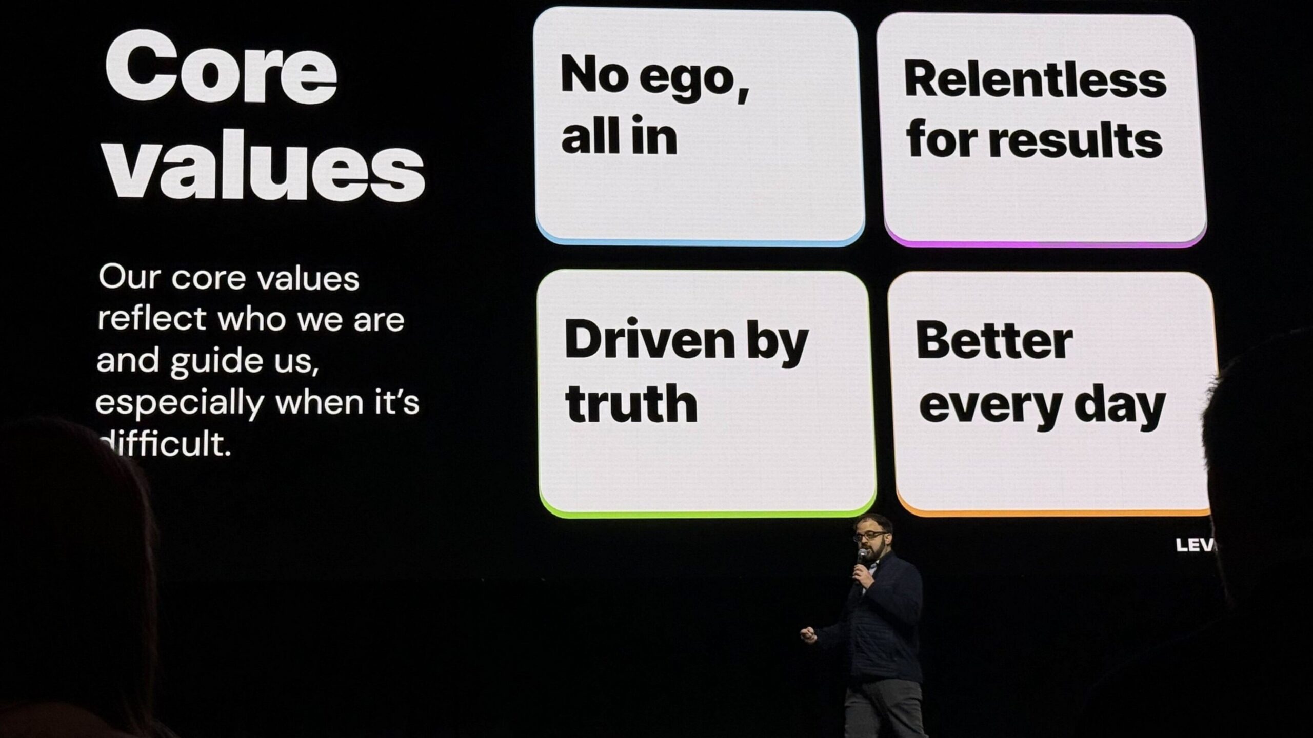 CEO Patrick Patterson presents Level Agency’s values on stage at the All In Summit