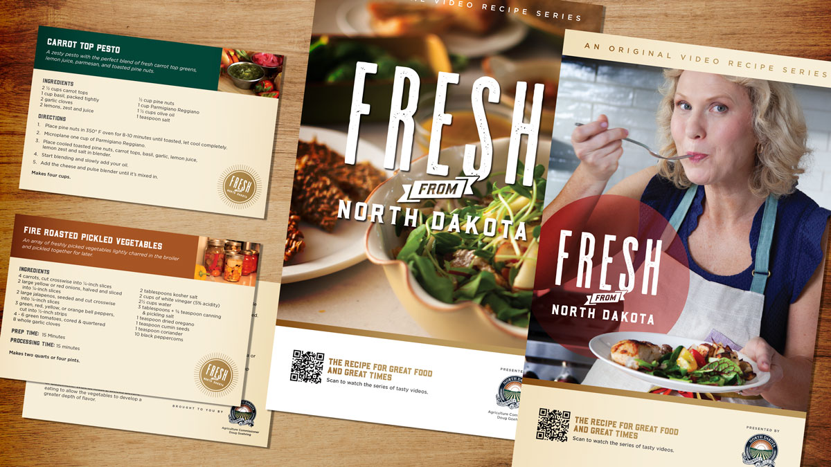 Fresh From North Dakota recipe cards and promotional materials arranged on a table