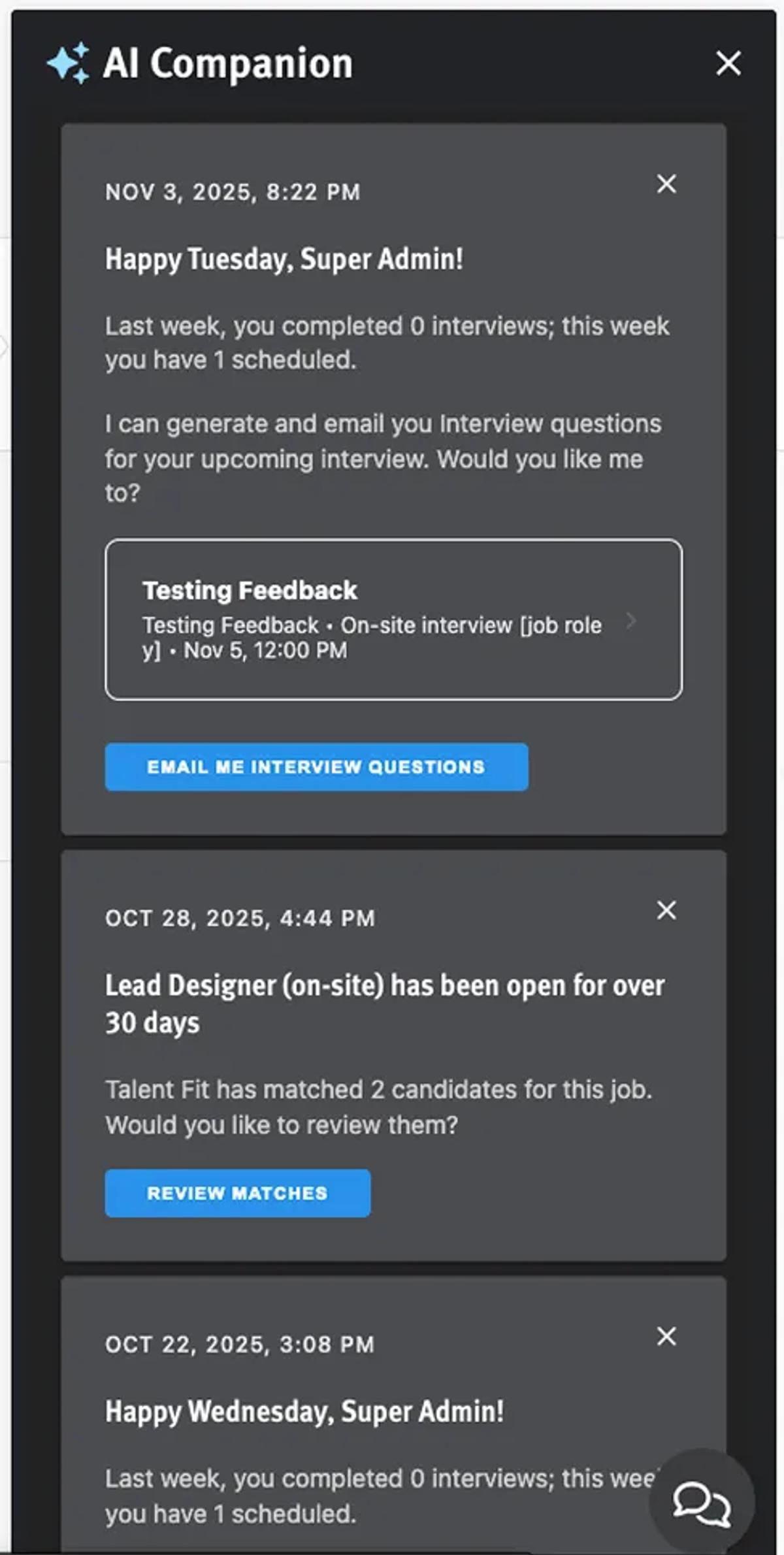 Lever AI Companion panel suggesting interview questions and candidate matches