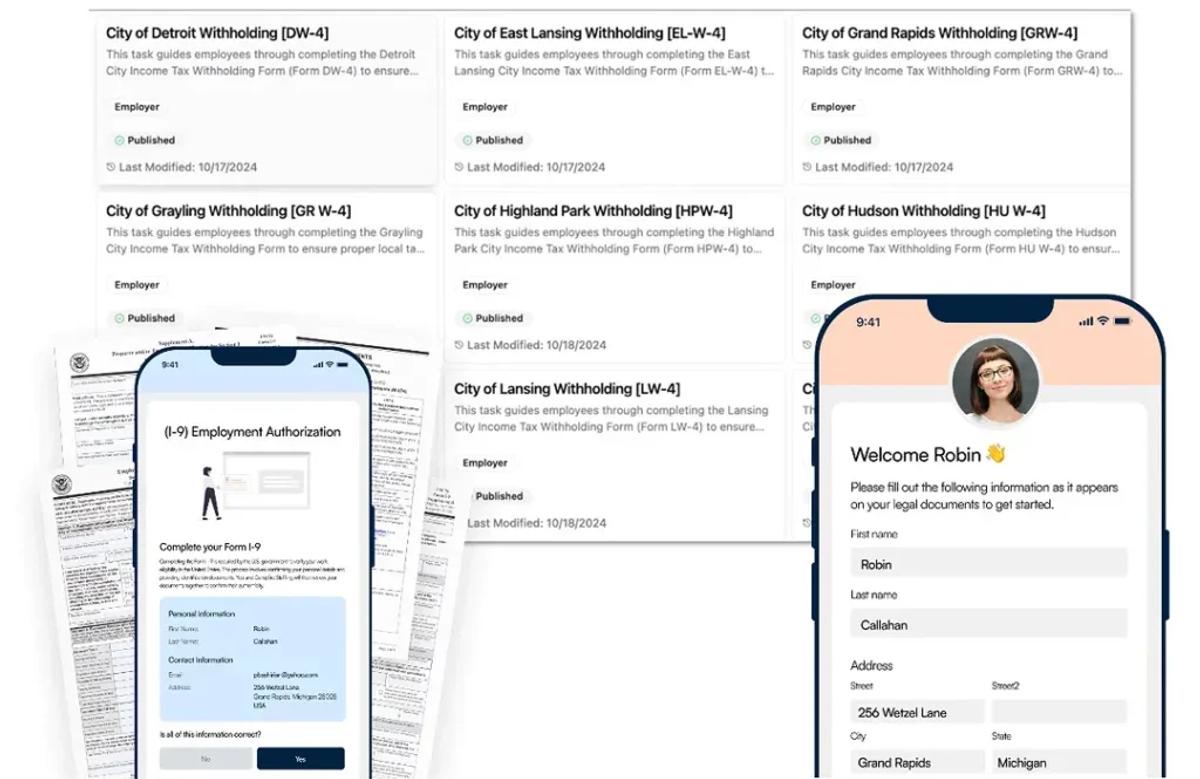 Lever onboarding screens showing tax forms and a mobile new-hire flow