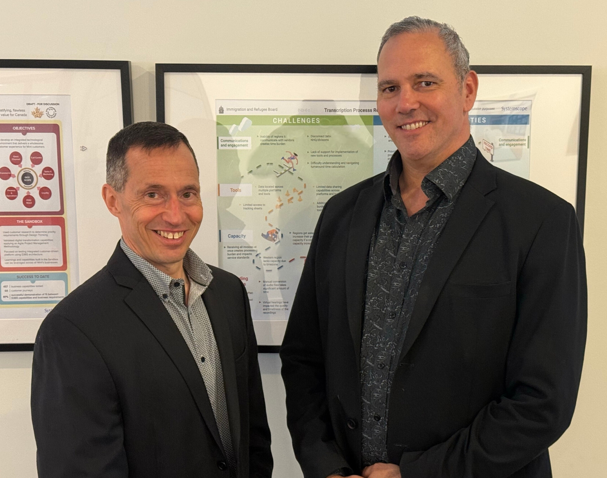 Levio COO Gilles Couturier and Systemscope president Stephen Karam standing together after the acquisition