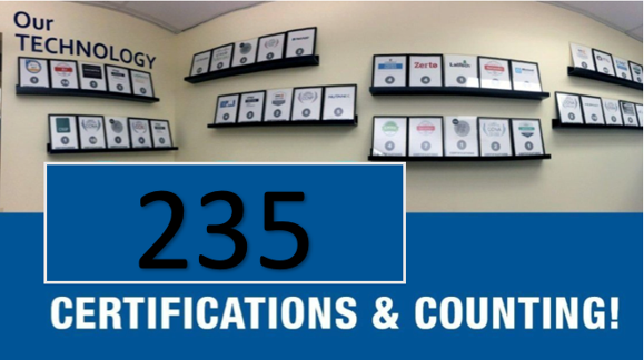 Archival Lewan certification wall graphic displaying 235 certifications and counting