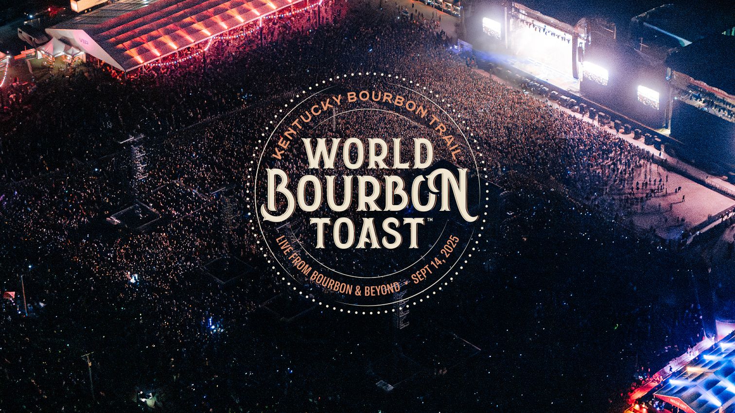 Aerial nighttime view of the Bourbon and Beyond festival with the World Bourbon Toast emblem