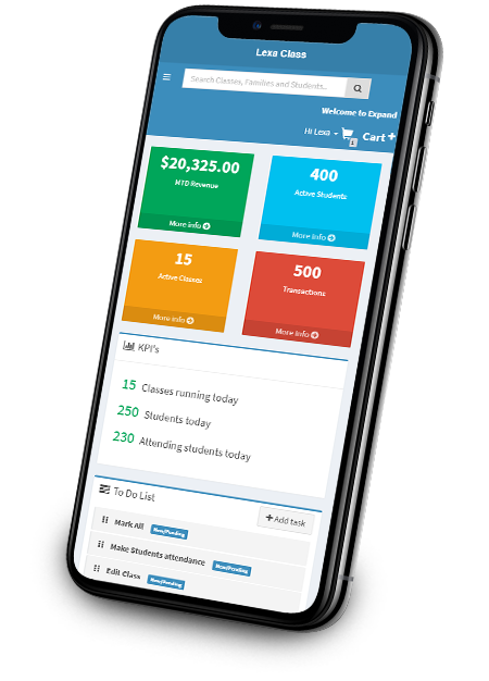 LEXA promotional phone mockup showing dashboard tiles, daily indicators, and a to-do list