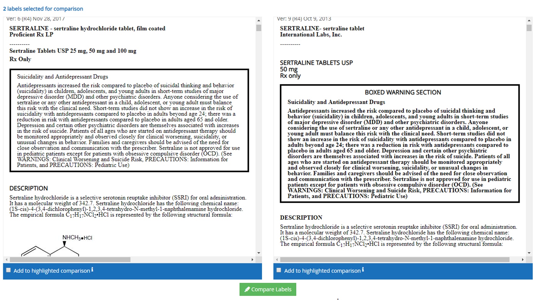 Historical Navigator interface showing two drug labels side by side for comparison