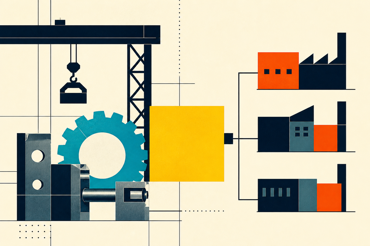 Abstract Swiss-style illustration of factory machinery connected to a portfolio of industrial buildings