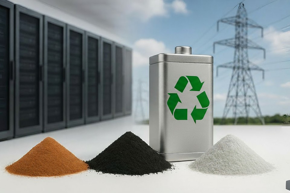 Company-published illustration of battery materials, a recycling symbol and stationary storage