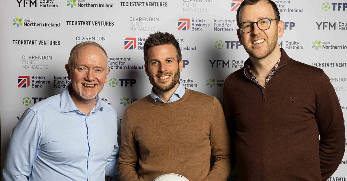 Liam McStravick, left, with Mike Clarke, centre, and Stuart Gaffikin at TeamFeePay’s funding announcement