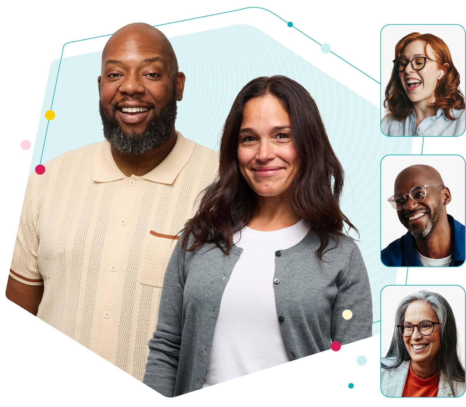 A collage of LifeLabs Learning facilitators and learners smiling against a light graphic background