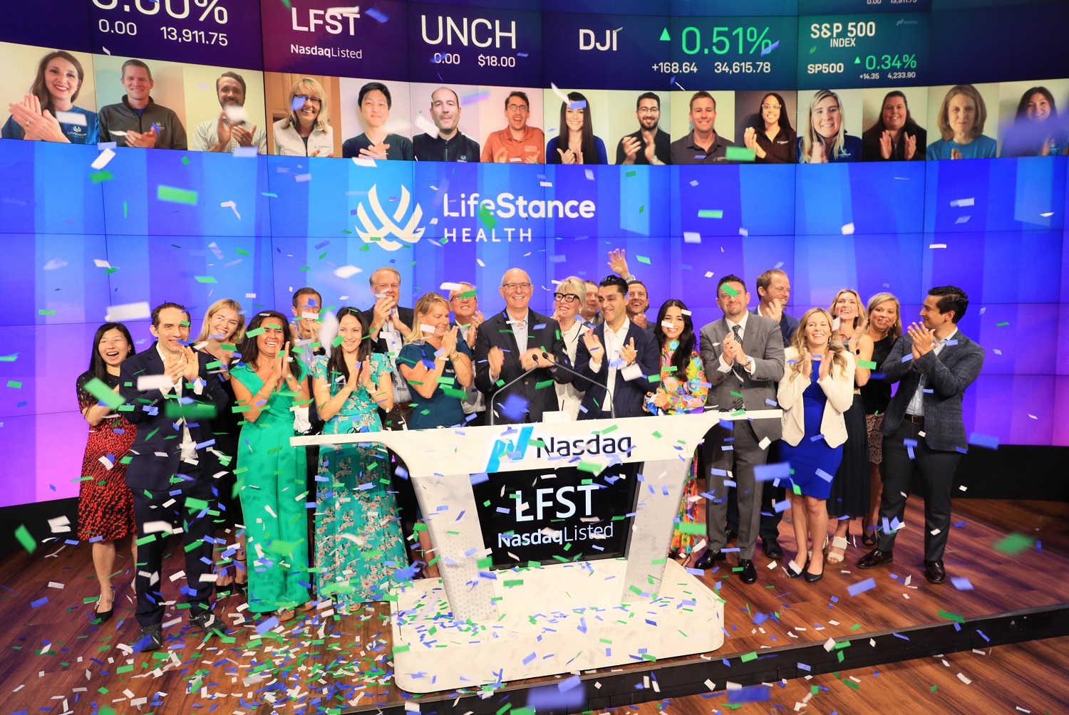 LifeStance team celebrating its Nasdaq listing amid falling confetti in June 2021