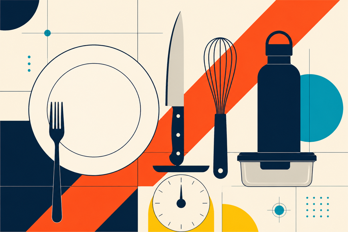 Abstract Swiss-style arrangement of a plate, fork, knife, whisk, scale, bottle and food container