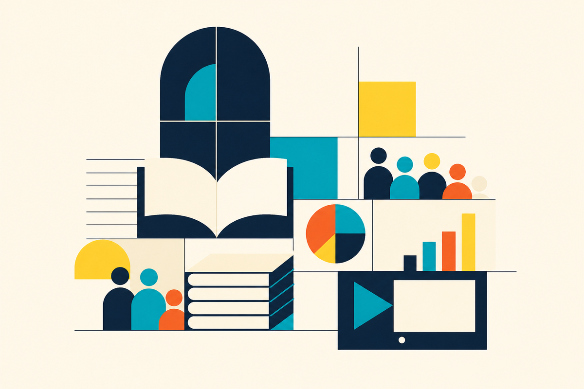 Abstract Swiss-style composition of books, people, data and digital media