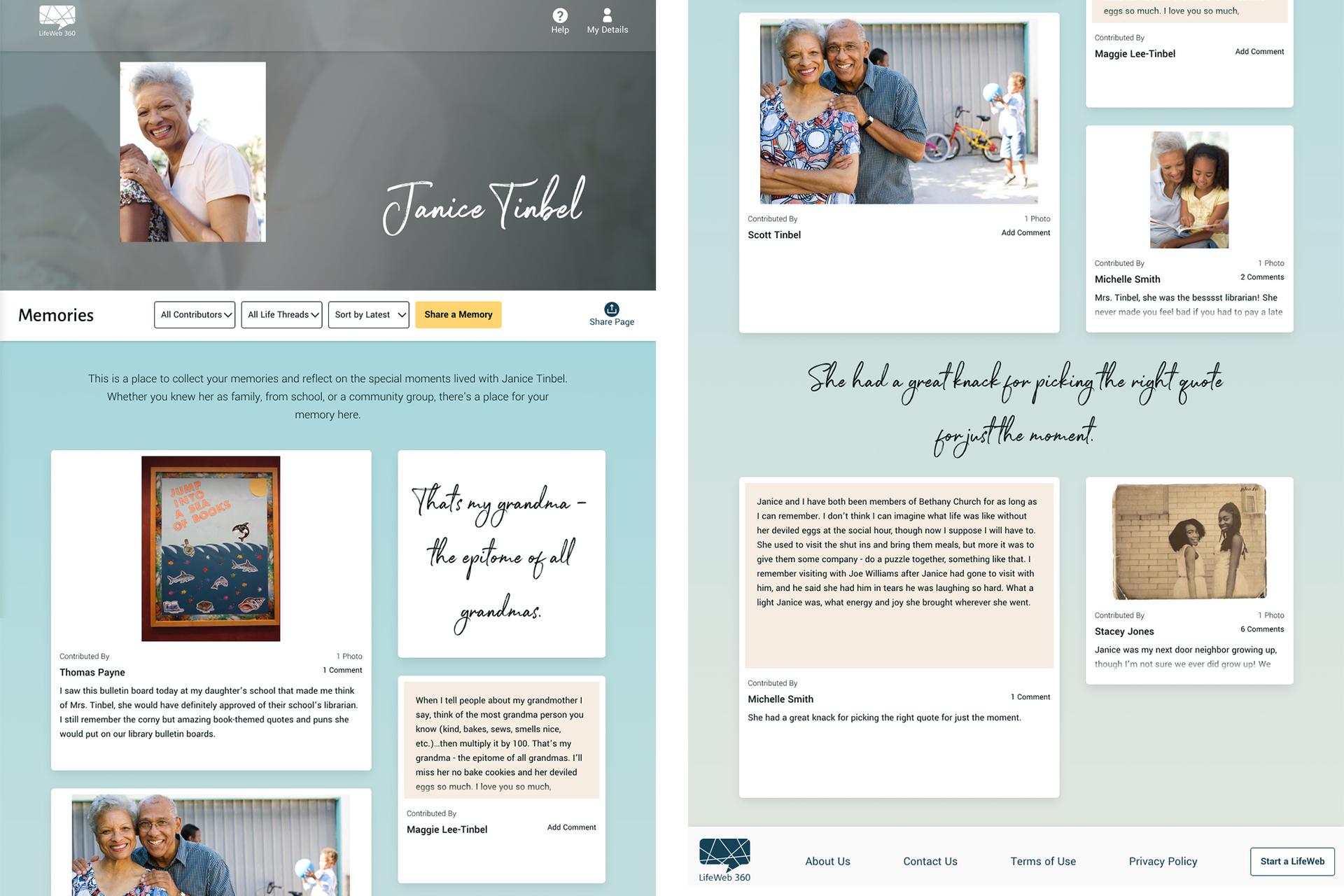 A LifeWeb 360 memorial page showing a portrait and contributed stories