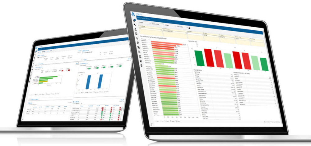 Two laptops displaying Lightbeam population health analytics dashboards