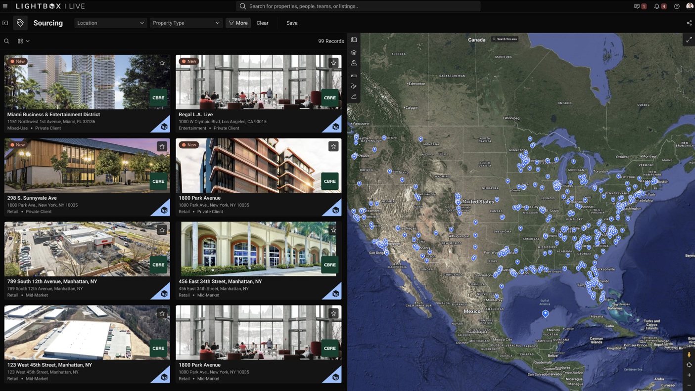 LightBox Live investor interface showing property opportunity cards beside a map of the United States
