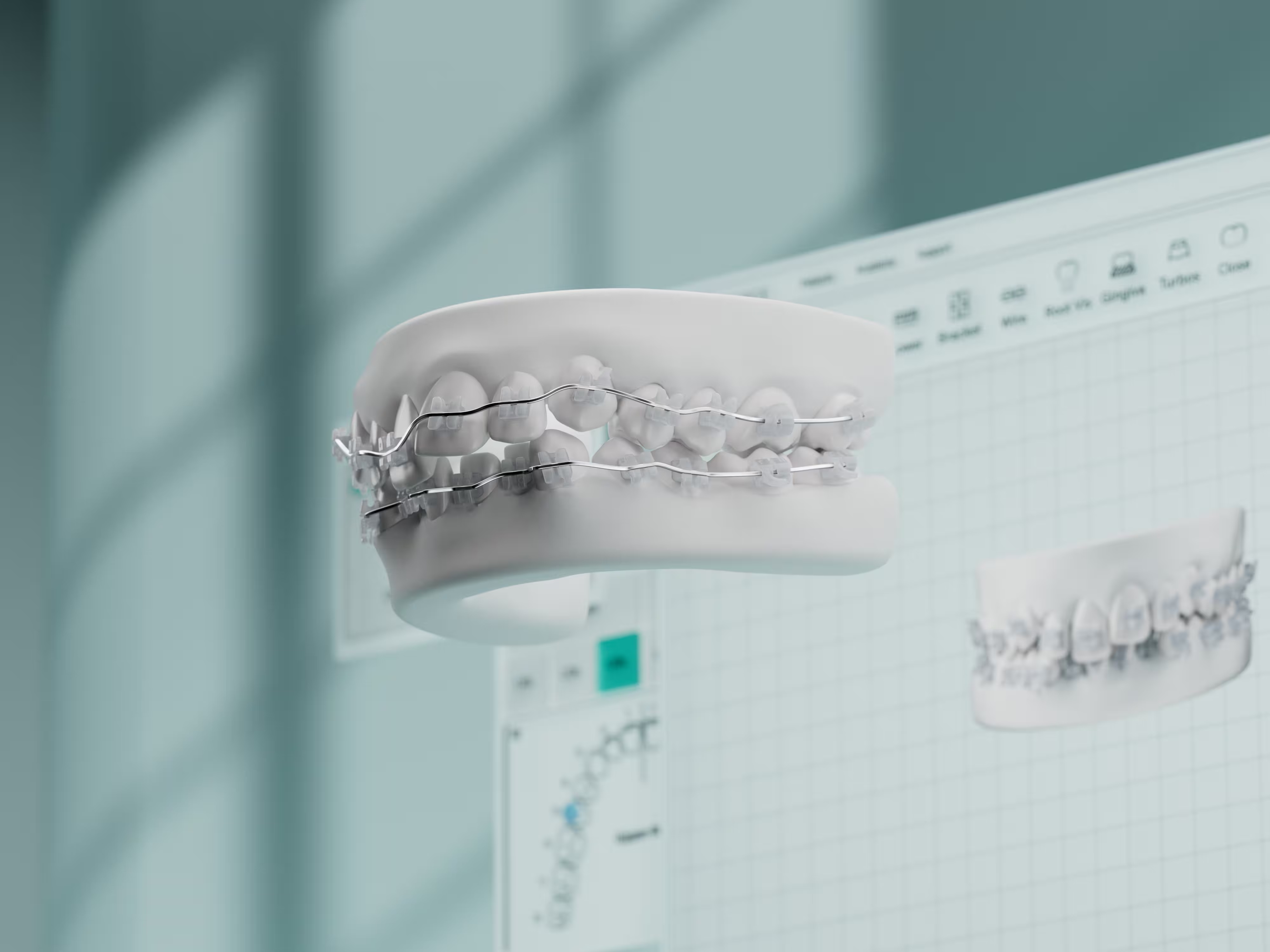 LightForce product visualization showing a bracketed dental model beside treatment-planning software