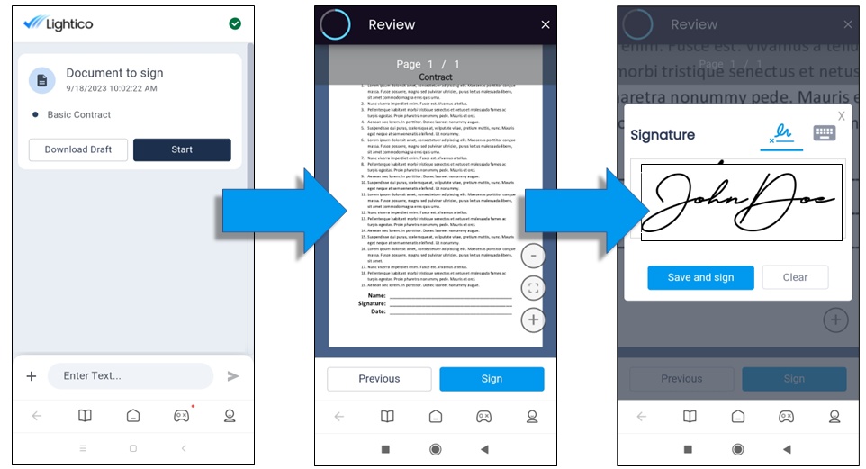 Three Lightico mobile screens showing a document request, contract review and finger-drawn signature