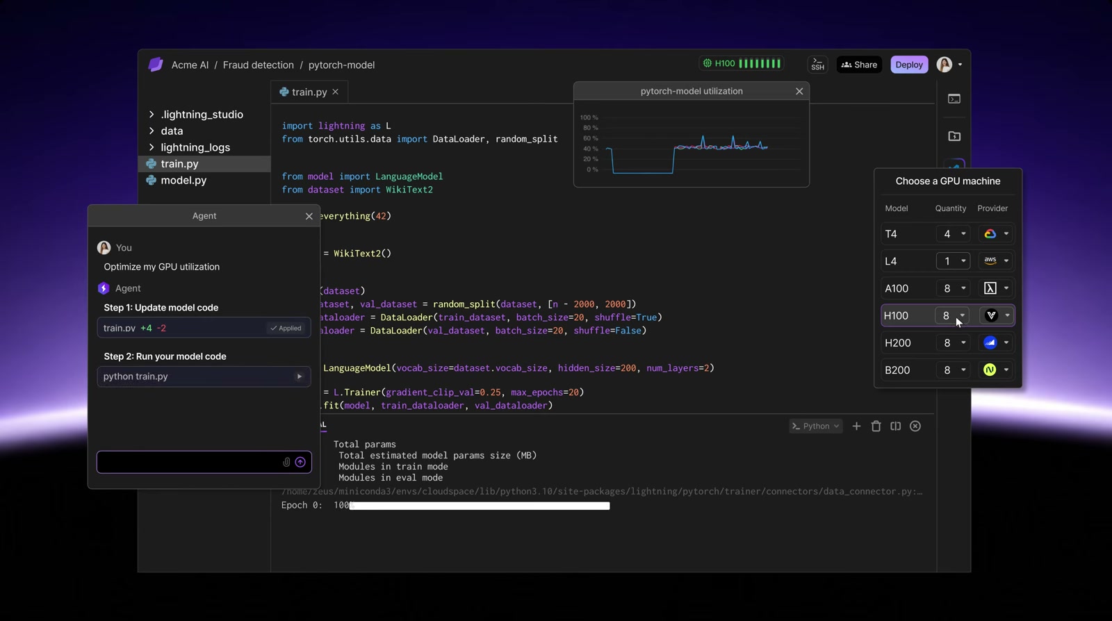 Lightning Studio product illustration showing code, GPU utilization and a machine selection menu