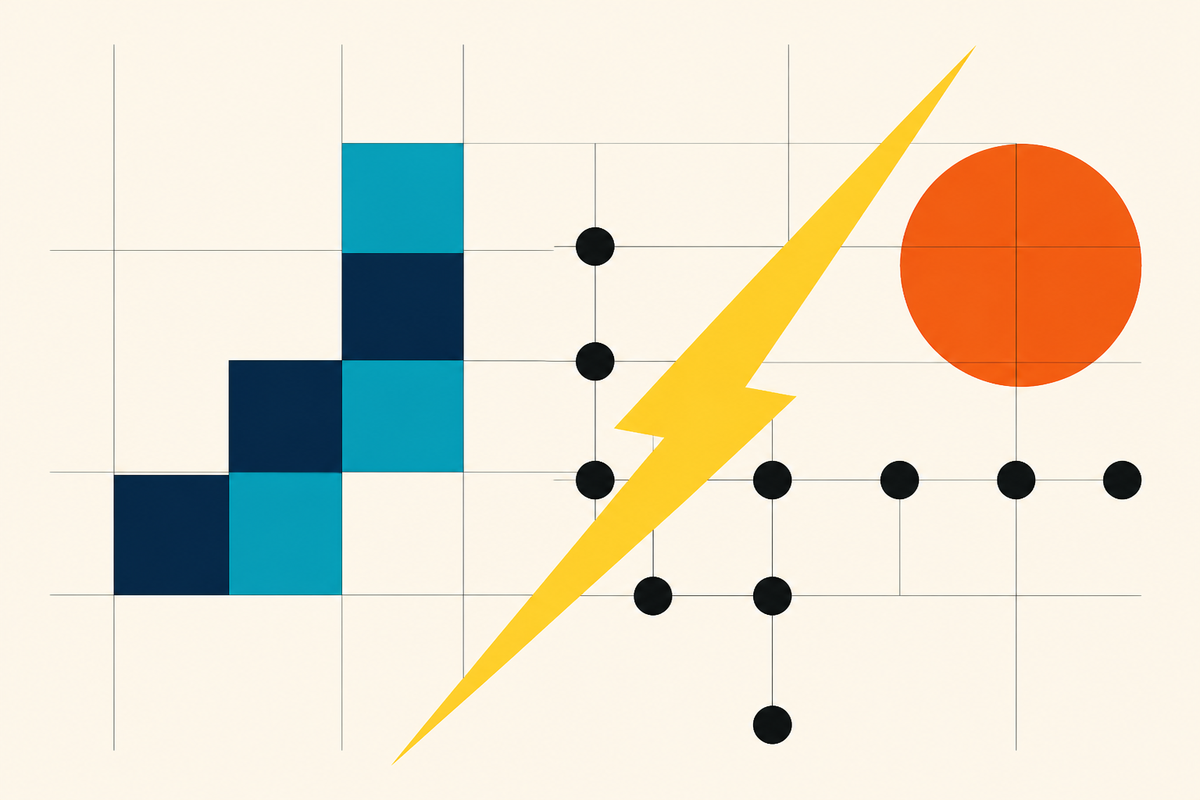 Abstract Swiss-style composition of three investment paths converging around a yellow lightning form