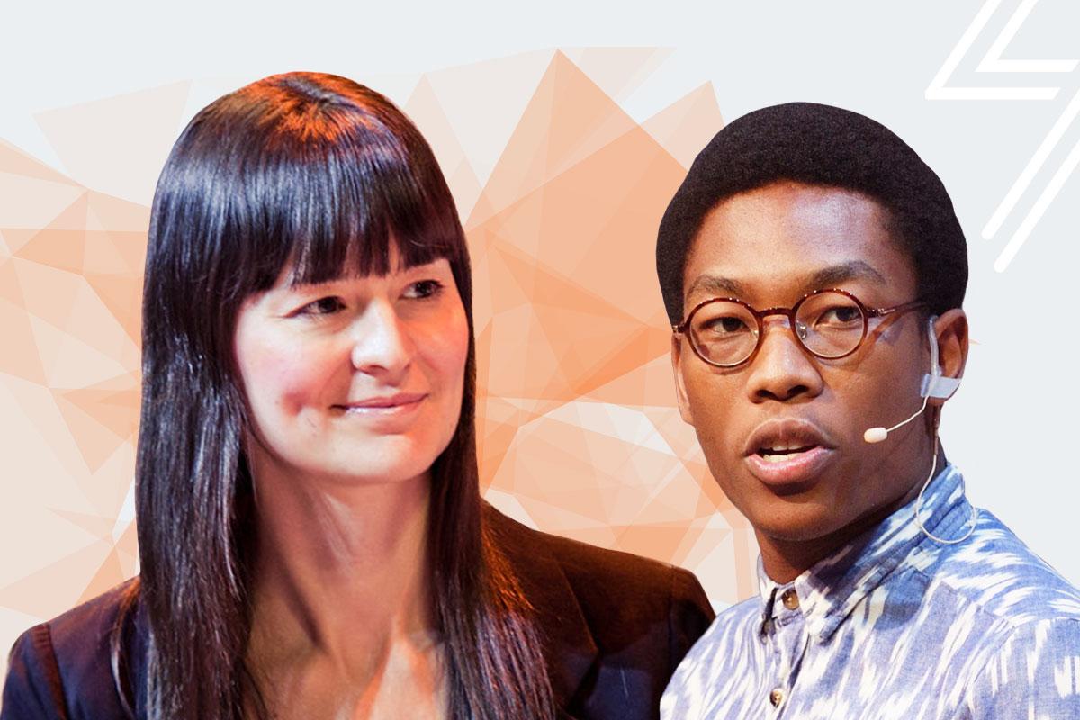 Lightning Labs co-founders Elizabeth Stark and Olaoluwa Osuntokun speaking onstage