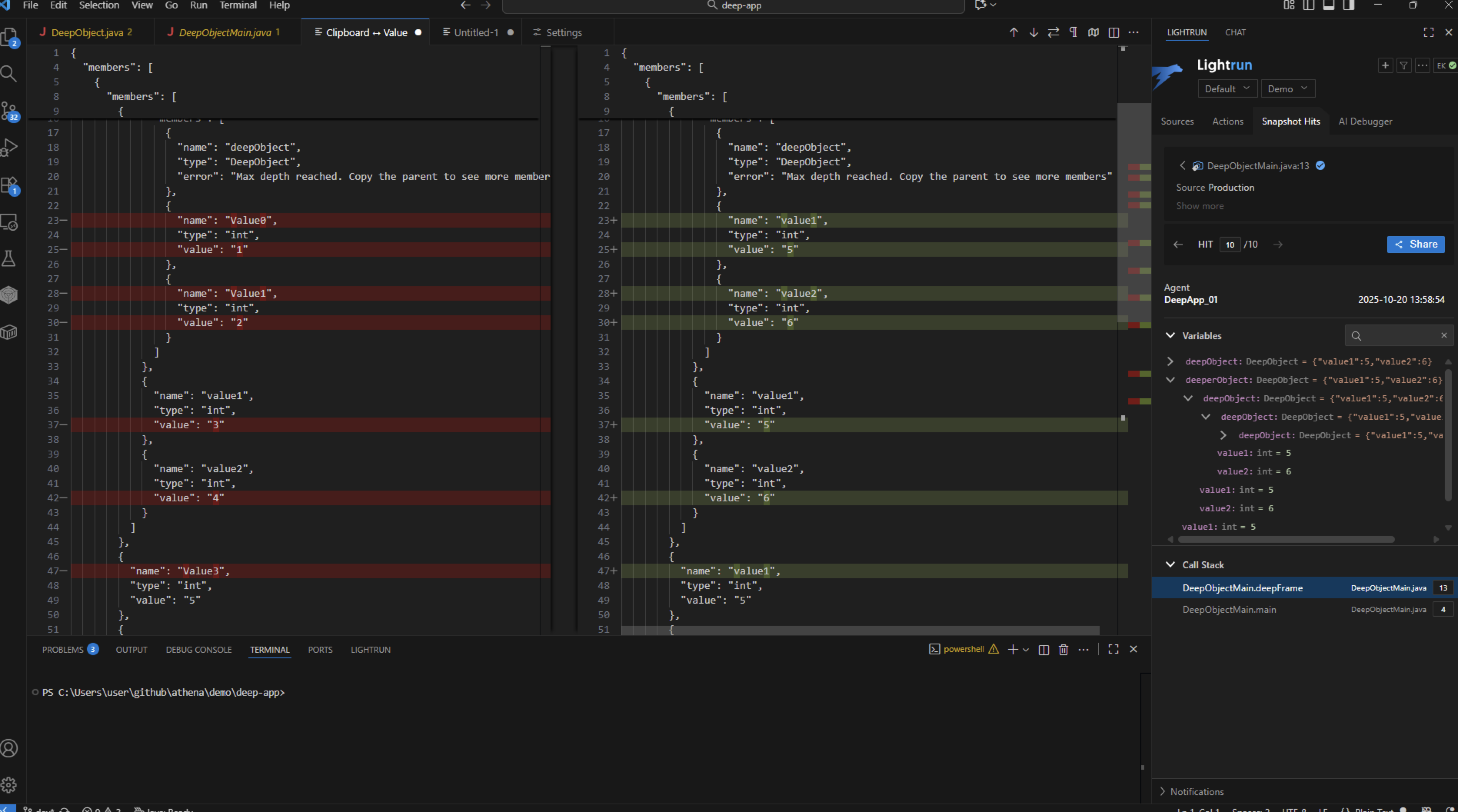 Lightrun snapshot comparison inside Visual Studio Code