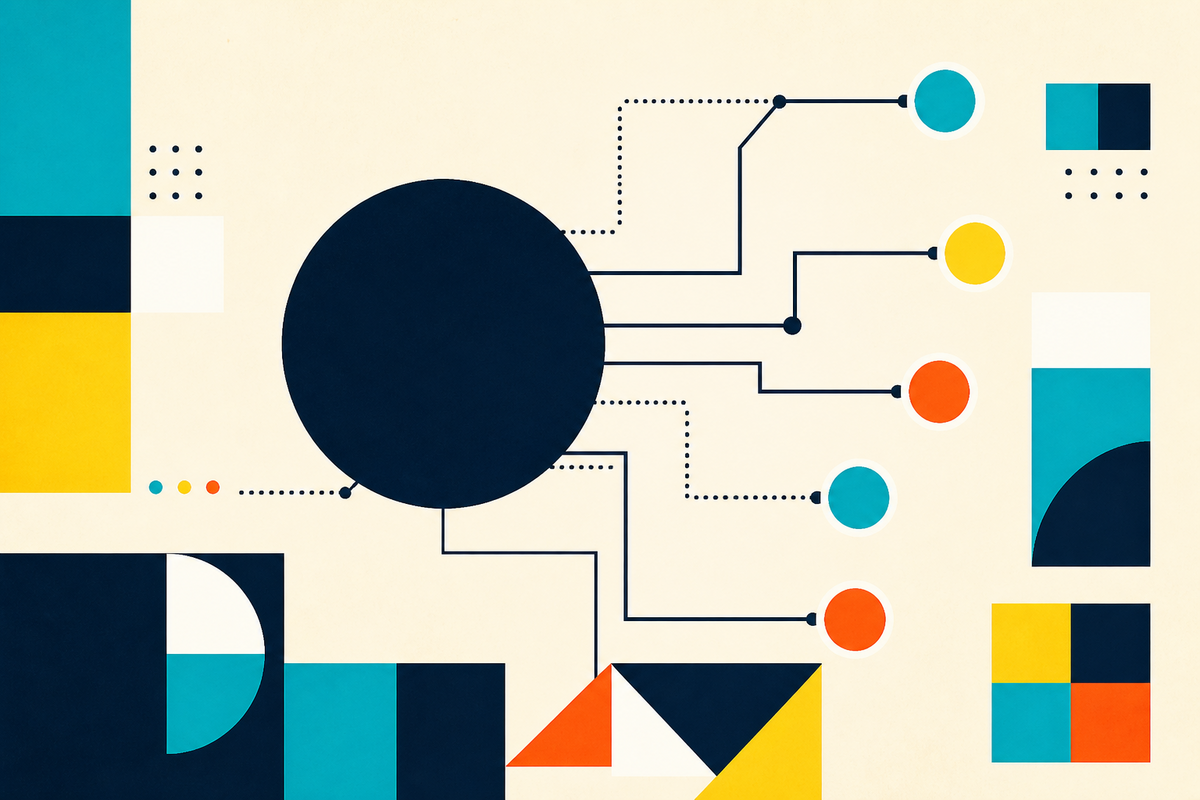 Abstract Swiss-style network of geometric paths connecting a central pool to many colorful sectors