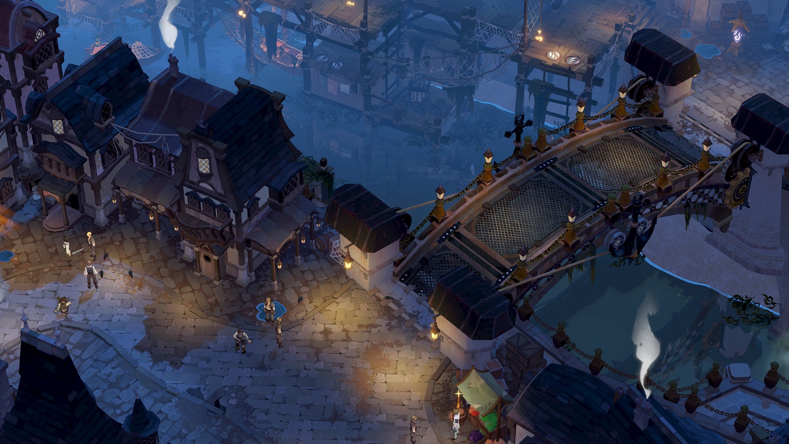 A lantern-lit waterfront and bridge in AFK Journey’s illustrated fantasy world