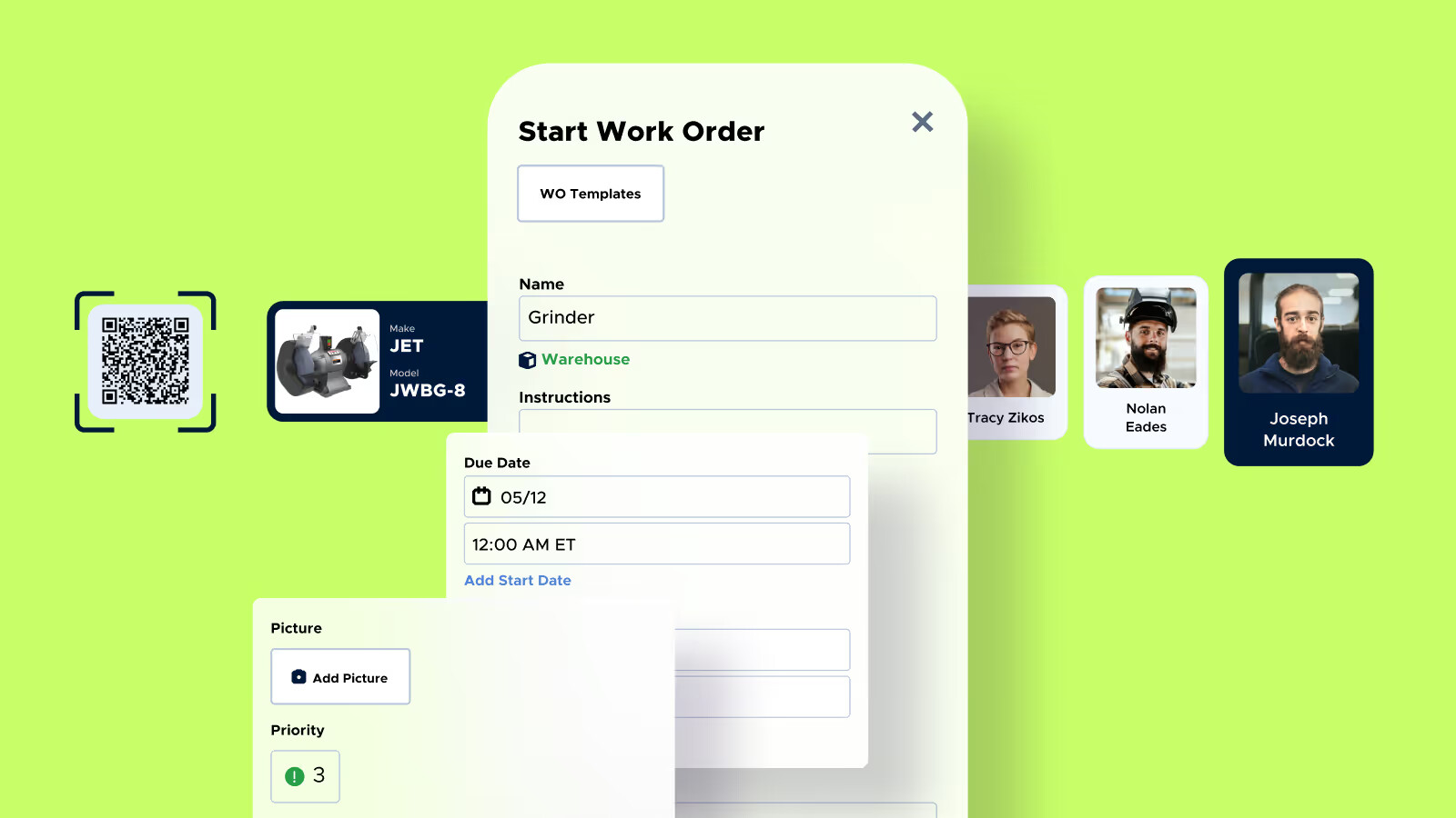 Limble work-order interface showing a QR code, grinder asset, due date, priority and technician assignment