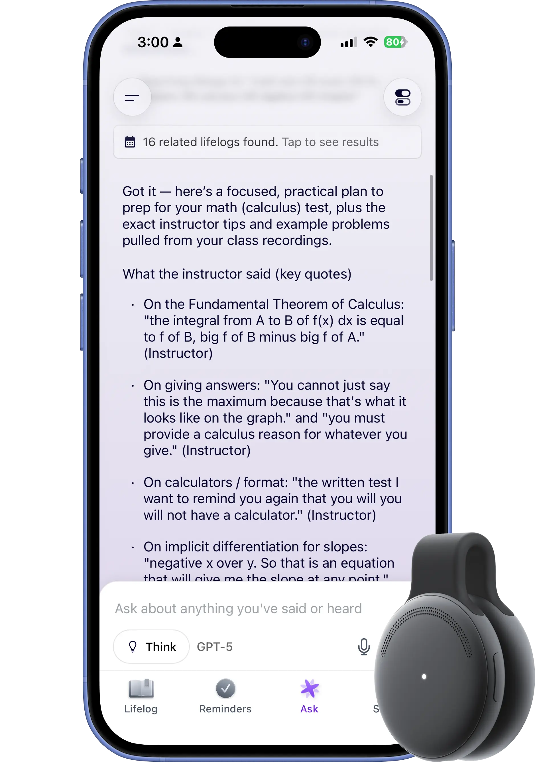 Limitless mobile app showing Ask AI using related lifelogs to prepare for a calculus test