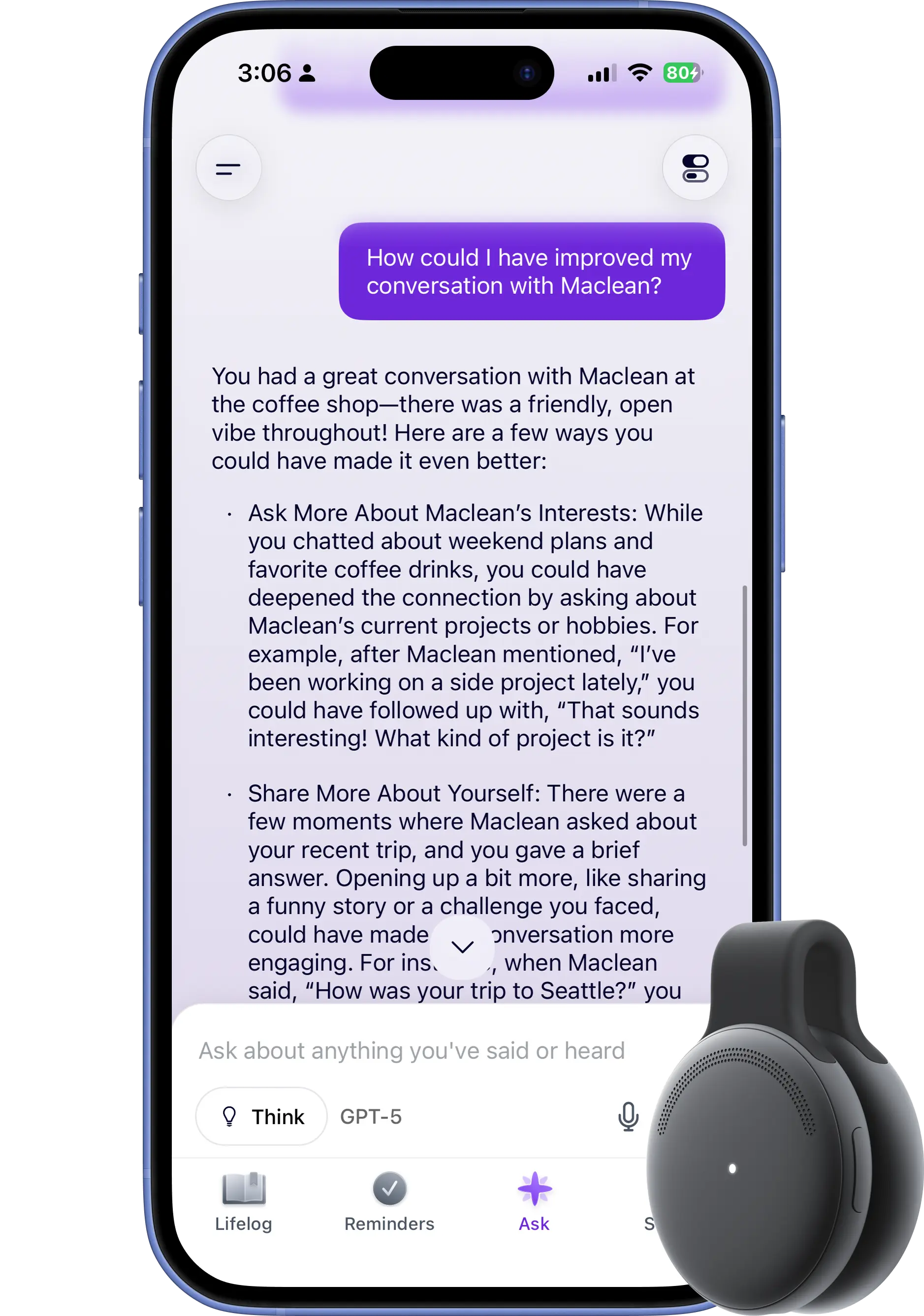 Limitless app screen showing personalized self-improvement insights from conversations