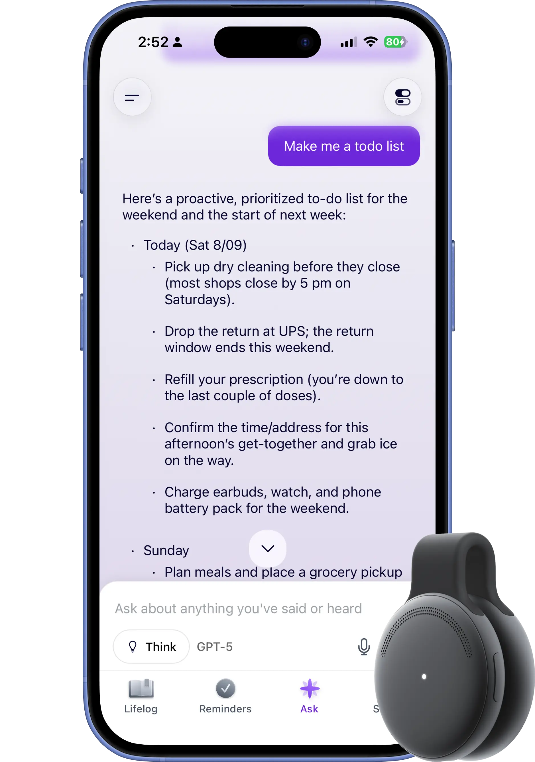 Limitless app showing automatically extracted reminders from spoken commitments