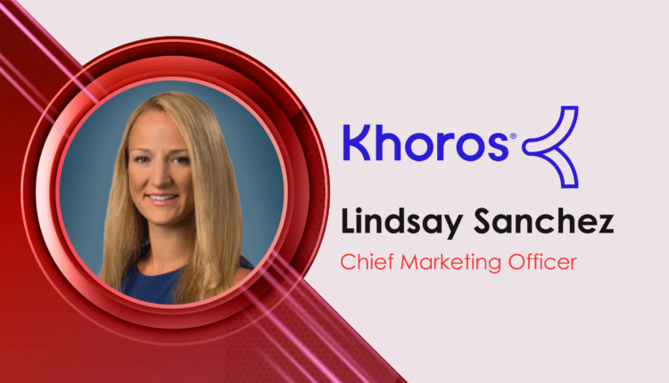 Khoros interview graphic featuring Lindsay Sanchez during her tenure as chief marketing officer
