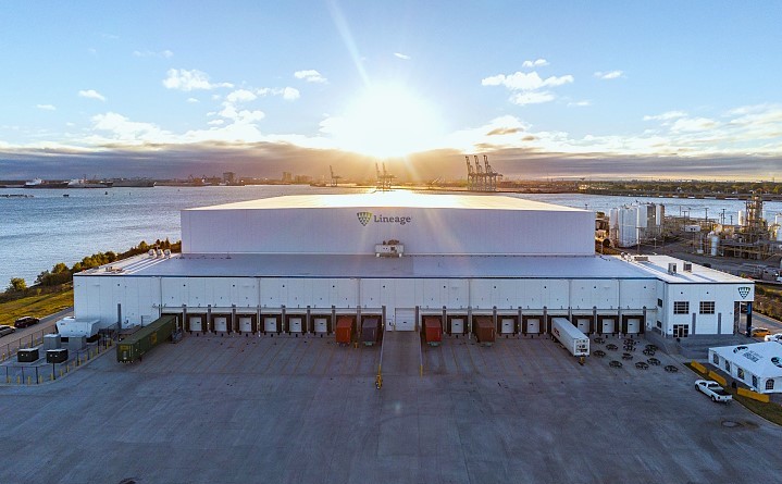 Lineage waterfront warehouse with loading docks and trailers