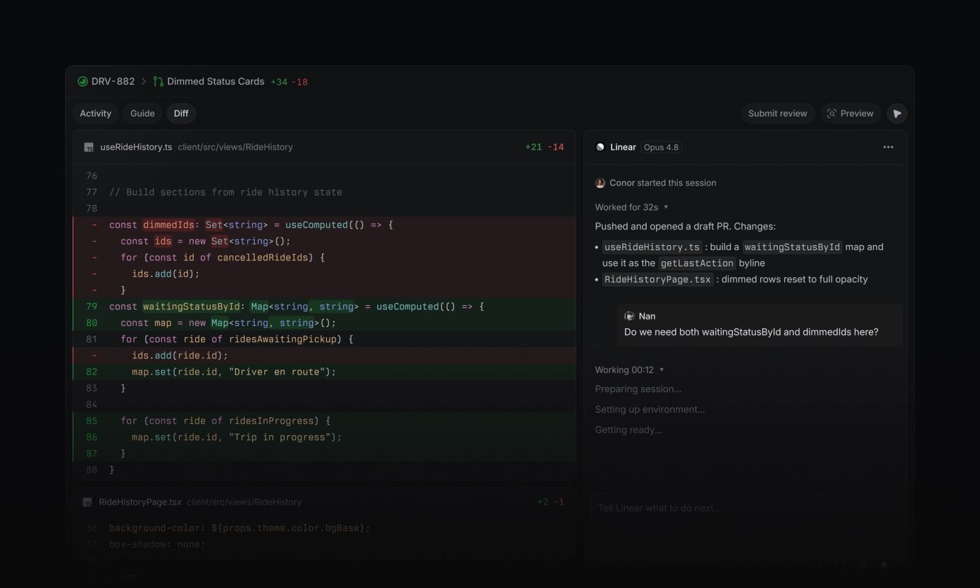 Linear interface showing an agent working alongside a code diff