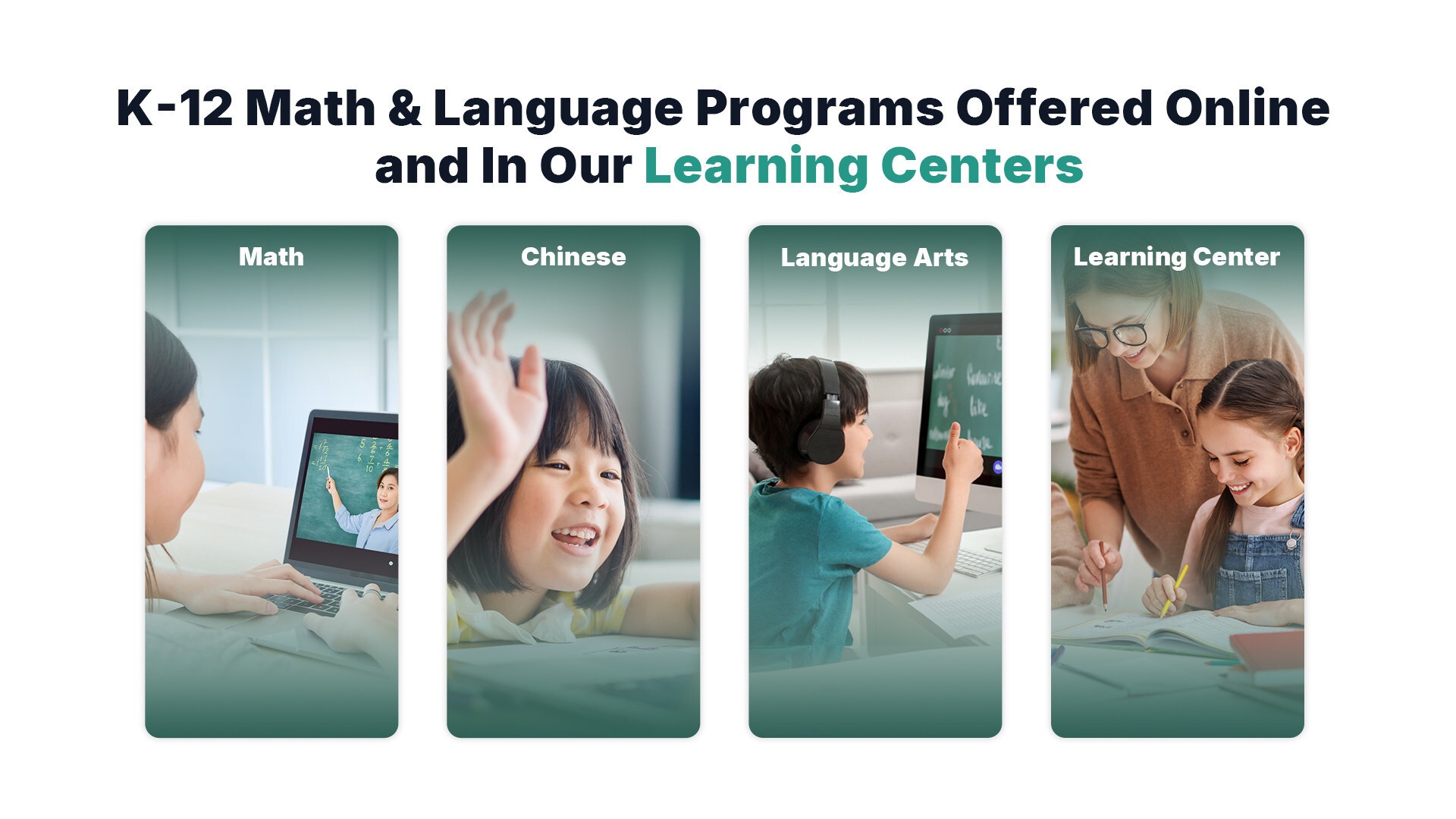 ACE Academy promotional image showing math, Chinese, language arts and in-person learning