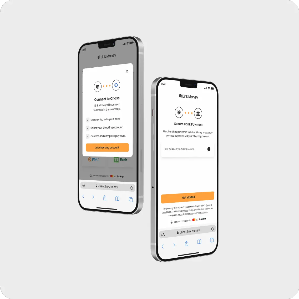 Link Money's illustrated mobile Pay by Bank checkout flow