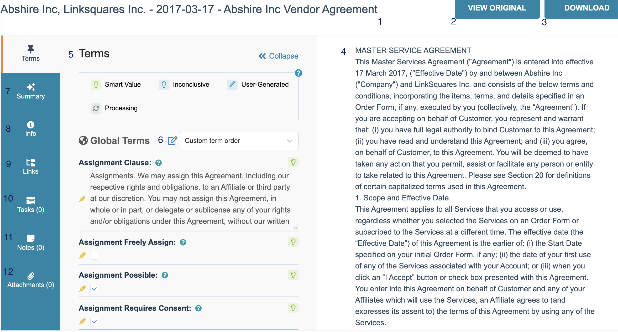 LinkSquares Analyze individual agreement interface showing extracted terms beside a contract