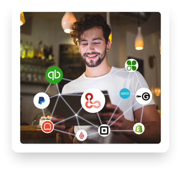 LinkToAny brand image: a merchant surrounded by the commerce apps LinkToAny connects