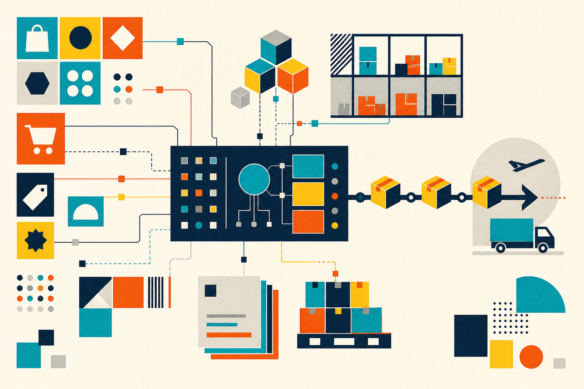Geometric illustration of marketplaces, inventory and warehouses connected through one central commerce system