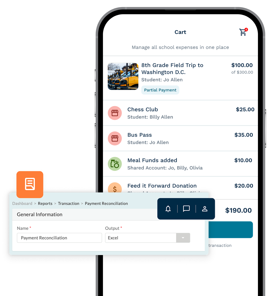 LINQ Connect promotional mockup showing a cart with school fees and meal funds, plus a reconciliation report