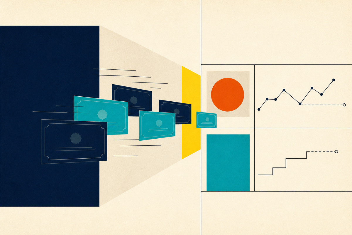 Abstract Swiss-style composition of investment certificates passing through a narrow gate into a segmented portfolio