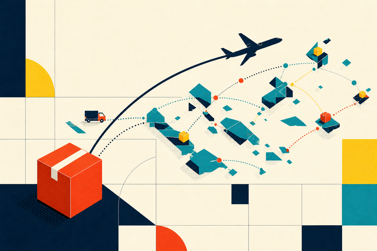 Abstract geometric illustration of parcels moving by road and air across an island network