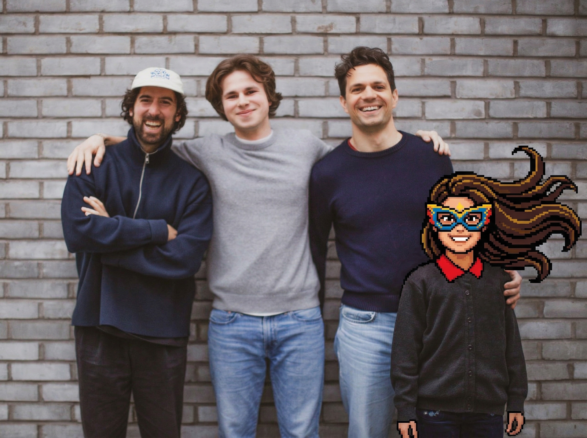 Lionel Mora at left with two Marble teammates; a pixel-art character appears at right