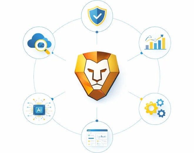 Liongard illustration showing its lion mark connected to cloud search, security, analytics, automation, and dashboard functions