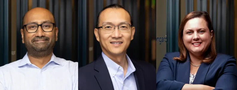 Portraits of Liongard founder Joe Alapat, founder Vincent Tran, and CEO Michelle Accardi