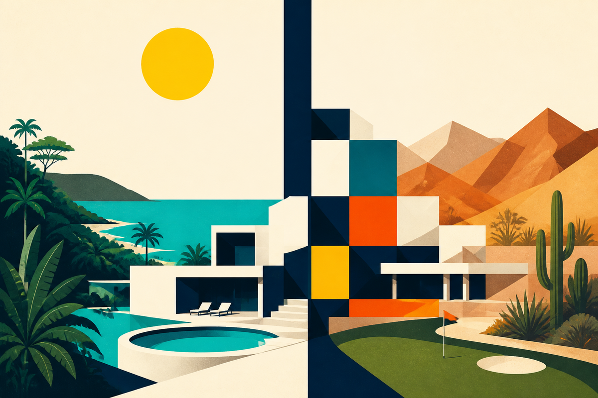 Abstract Swiss-style resort landscape moving from Caribbean rainforest and ocean to the Sonoran Desert