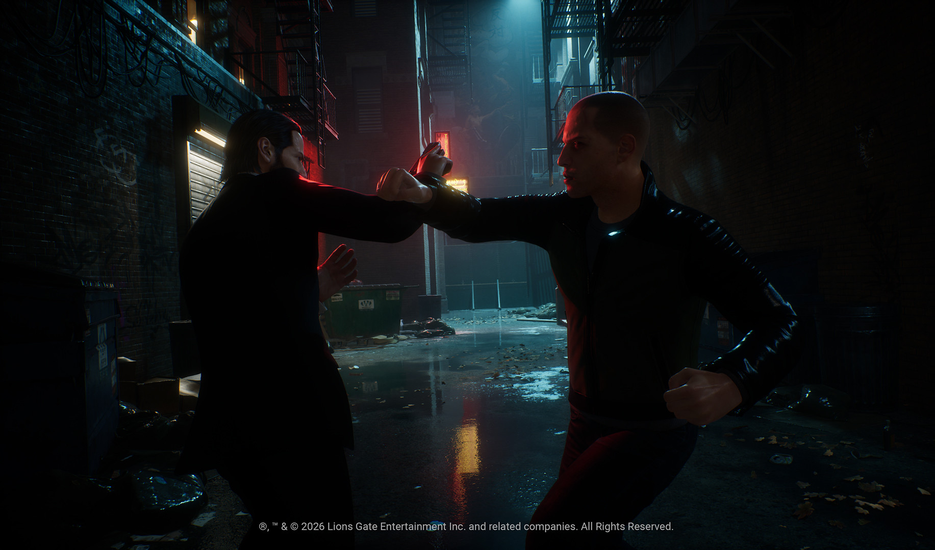 John Wick grapples with an opponent in a neon-lit alley in an official screenshot of the announced video game
